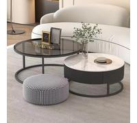 KRXSOBNV, Juego de 2 mesas de Centro Redondas Modernas, diseño en Relieve de círculo de Madera, Estructura de Metal, Ideal for Sala de Estar, balcón y Oficina,Reposapiés(Svart,Large)