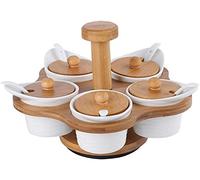 KRXSOBNV, Juego de cerámica 5 en 1, caja de condimentos, tarros de especias, contenedor for azúcar/sal/pimienta con tapas, bandeja for lata de cocina,Tarros Sazonadores