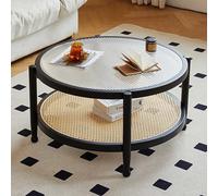 KRXSOBNV, Mesa de Centro Redonda de Madera de Estilo Moderno, con Tapa de Vidrio y Estante de Almacenamiento, Mesa de Centro Circular for Sala de Estar pequeña,Mesas de Centro(Black)
