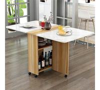 KRXSOBNV, Mesa de comedor plegable que ahorra espacio, mesa móvil con 6 ruedas, mesa plegable extensible y versátil con 2 estantes de almacenamiento abiertos ,Mesa de Comedor Plegable(Wood+white a,L 1