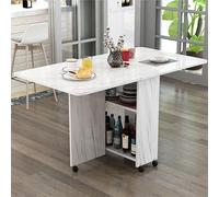 KRXSOBNV, Mesa de comedor plegable que ahorra espacio, mesa móvil con 6 ruedas, mesa plegable extensible y versátil con 2 estantes de almacenamiento abiertos ,Mesa de Comedor Plegable(White b,L 140cm)