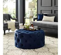 KRXSOBNV Taburete reposapiés de Felpa, pequeña Mesa de Centro Moderna, otomana Redonda de Terciopelo con mechones, Banco al Final de la Cama for Sala de Estar, Dormitorio,Reposapiés(Navy)