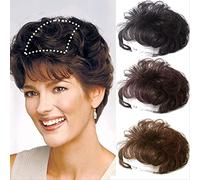 KRYLL Adorno de Cabello Humano Real Rizado Corto con Flequillo Frontal para Mujeres, Clip de peluquín en Las Piezas Superiores del Cabello, Pelucas onduladas esponjosas con Corona A