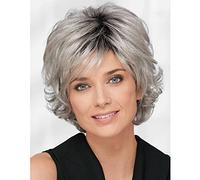 KRYLL Pelucas cortas para mujeres blancas, peluca gris sintética, degradado, gris plateado, para anciana, cabello natural