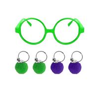 KRYMSON 1 marco de gafas retro, 2 pares de pendientes de bola de piel, marco redondo, montura sin lente, gafas decorativas para niños, gafas coloridas y juego de pendientes