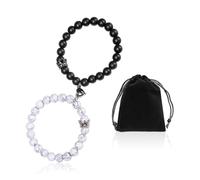 KRYMSON 1 par de pulseras con corona + 1 bolsa de almacenamiento, pulsera magnética negra y blanca, pulsera de perlas naturales, regalo para parejas para niños y niñas