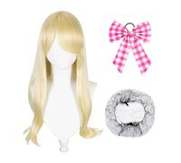 KRYMSON 1 peluca rubia, red para el pelo, diadema con lazo rosa - oro, rosa - pelo sintético - peluca - WIG - adulto - mujer - rizado y liso - carnaval, fiesta, mascarada
