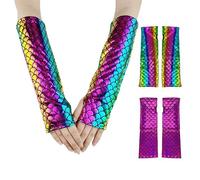 KRYMSON 2 pares de guantes de escamas de pescado sin dedos, guantes de escamas de sirena, guantes de escamas de pescado, guantes de actuación de escenario de Halloween, accesorios de disfraz, Purple