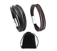 KRYMSON 2 pulseras de cuero con hebillas de acero inoxidable, 1 bolsa de terciopelo, pulseras tejidas para hombre, decoración de accesorios personalizados, diseño creativo único (negro, marrón)