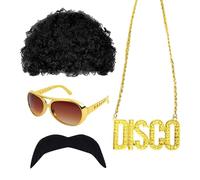 KRYMSON 4 piezas de ropa hippie de los años 70 para hombres, peluca de bigote, gafas de sol para carnaval, festivales de música y fiestas