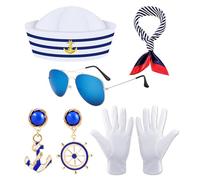 KRYMSON Conjunto de 7 piezas de traje de marinero para mujer, traje de marinero de capitán, disfraz de marinero náutico, para bailes, fiestas, cosplay, celebraciones