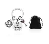 KRYMSON Llavero de 60 Cumpleaños Con Bolsa de Almacenamiento - Acero Inoxidable, Grabado, Medalla Única - Plata, 22 x 22 mm