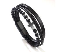 Kryzalite® Cruz Obsidiana regalo de bautismo colgante pulsera de hombre de piedra perfumada, pulsera de cuero genuino de acero inoxidable, regalos de joyería para hombres