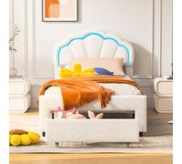 KRYZOR Cama 90x200 con somier y almacenamiento, cama infantil acolchada de 90 x 200 con 1 cajones, camas con cabecero de pétalos, camas acolchadas con iluminación LED (90 x 200 cm)