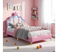 KRYZOR Cama acolchada 90 x 200 cm con LED para niña adolescente, cama princesa con somier de lechos de madera, cama de niña, diseño corona, PU (rosa)