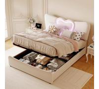 KRYZOR Cama acolchada de 140 x 200 cm, cama baúl de 140 x 200 cm, cama infantil, cama princesa, cabeza de cama en forma de corazón, con iluminación LED y gran almacenamiento (blanco, 140 x 200 cm)