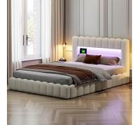 KRYZOR Cama acolchada de 160 x 200 cm con contenedor, cama de matrimonio de 160 x 200 cm, baúl con LED, espacio útil, cama hidráulica con somier de láminas y estructura de metal, sin colchón (beige