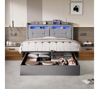 KRYZOR Cama con espacio de almacenamiento de 140 x 190 cm, cama doble tapizada de 140 x 190 cm con iluminación LED et Prise USB C, cama de almacenamiento hidráulico con somier, lino (gris, 140 x 190