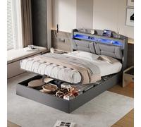 KRYZOR Cama con espacio de almacenamiento de 140 x 200 cm, cama doble tapizada de 160 x 200 cm con iluminación LED et Prise USB C, cama de almacenamiento hidráulico con somier, lino (gris, 140 x 200