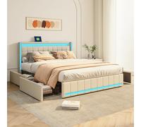 KRYZOR Cama de 160 x 200 cm con somier y almacenamiento con 4 cajones, cama doble con puerto USB e iluminación LED, camas capitonadas con láminas, marco de metal y madera, lino (beige, 160 x 200 cm)