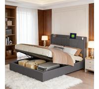 KRYZOR Cama Matrimonio 140x200 cm con USB, Camas matrimoniales con Almacenamiento Hidráulico, Cama tapizada con Somier de Láminas, Lino, Gris