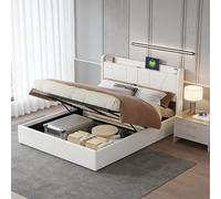 KRYZOR Cama Matrimonio 160x200 cm con USB, Camas matrimoniales con Almacenamiento Hidráulico, Cama tapizada con Somier de Láminas, Lino, Beige