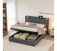 KRYZOR Cama Matrimonio 160x200 cm con USB, Camas matrimoniales con Almacenamiento Hidráulico, Cama tapizada con Somier de Láminas, Lino, Gris