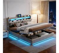 KRYZOR Cama tapizada de 140 x 200 cm con canapé, cama de almacenamiento hidráulico con LED y USB, cama juvenil con espacio de almacenamiento oculto en el cabecero, moderno marco de cama con somier