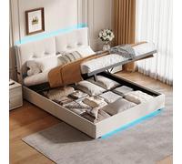 KRYZOR Cama tapizada de 160 x 200 cm, color beige, cama LED 160 x 200 cm, con cajonera hidráulica y USB/tipo C, cama doble juvenil con somier, con cabecero tapizado, franela (beige)