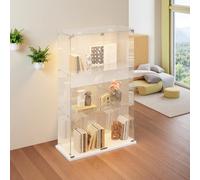 KRYZOR Vitrina de cristal con LED, 3 capas, vitrina de 2 puertas, vitrina de cristal de pie con cerradura, armario de vitrina sin marco, vitrina de coleccionista para vivir y dormir (blanco, 78,5 x 35