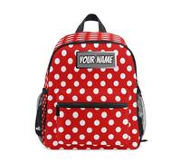 Ksajwzf Mochila personalizada con nombre para niños, mochila de lunares rojos y blancos para niñas y niños, con nombre personalizado, textura geométrica, bolsas de libros preescolares, Multicolor