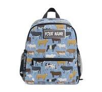 Ksajwzf Mochila personalizada con nombre para niños, vacas de toros, animales de granja, mochila para niñas y niños, con nombre personalizado de ternera de búfalo preescolar, Multicolor