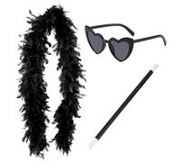KSBBHDS 1 Chal De Plumas Negras, 1 Gafas De Sol En Forma De Corazón, 1 Varita Mágica, Accesorios De rol, Personalidad Creativa, Juego De Ropa para Mujeres.