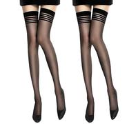 KSBBHDS 2 Piezas Calcetines Negros, Calcetines Largos a Rayas, Medias a Rayas Negras, Calcetines Largos Sin Tirantes, Medias Transparentes, Medias a Rayas Para Mujer, Negro , Talla única