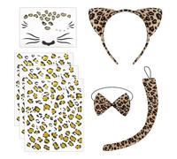 KSBBHDS Disfraces De Animales De Leopardo De 4 Piezas, Pegatinas De Tatuajes De Leopardo De 3 Piezas, Que Incluyen Diadema para Las Orejas, Pajarita, Cola, Accesorios para Juegos De rol.