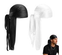 KSEWJP 2 pañuelos de seda Durag Unisex de cola larga con correas anchas Hip-Hop Piratas Bandana Negro Blanco Talla Única