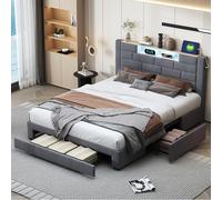 KSFASHZ Cama 140 x 200 con somier y almacenamiento cajones, marco de cama con almacenamiento de 140 x 200, cama doble 140 x 200 con cajones cama para adultos de 140 x 200 con USB LED cama acolchada