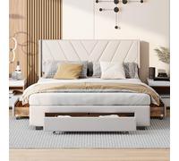 KSFASHZ Cama de 140 x 200 cm con somier LED y USB, cama doble de 140 x 200 cm con cajones (beige+tela, 160 x 200 cm)