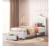 KSFASHZ Cama Individual 90 x 200 cm para Adolescente y Infantil, LED Camas Acolchadas con cajón,Marco de Cama Tapizada con somier de láminas y cabecero Ajustable,PU Blanco
