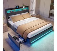 KSFASHZ Cama Matrimonio 140x190 con 4 Cajones, Camas Matrimoniales con LED y USB, Cama Tapizada 140x190 con AlmacenajeCama CapitonadaCama de Matrimonio Tapizado Camas Adultos con Cabecero, Sin colchón