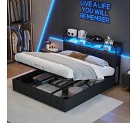 KSFASHZ Cama Tapizada 140x190 con Almacenamiento Hidráulico,Camas Matrimoniales de 140x190 con LED y USB, Cama Canape con Cabecero y Somier de Láminas (PU,Negro)