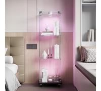 KSFASHZ Vitrina de cristal con LED y 4 ruedas, vitrina de cristal con 3 estantes y 1 puerta, vitrina de cristal con leDVetrinetta expositora en columna, vitrina de salón transparente, negro, 35 x 39,8