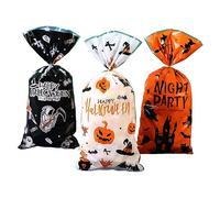KSIEE - 100 bolsas de celofán de Halloween con lazos giratorios, bolsas de dulces transparentes de dibujos animados para bolsas de golosinas de Halloween, recuerdos de fiesta de Halloween, suministros