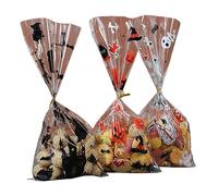 KSIEE 100 bolsas de celofán de Halloween con lazos giratorios, bolsas de dulces transparentes de dibujos animados para bolsas de golosinas de Halloween, recuerdos de fiesta de Halloween, suministros