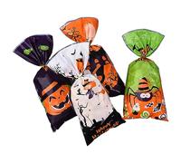 KSIEE 100 bolsas de celofán de Halloween con lazos giratorios, bolsas de dulces transparentes de dibujos animados para bolsas de golosinas de Halloween, recuerdos de fiesta de Halloween, suministros