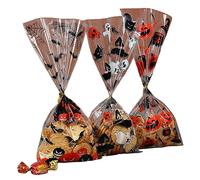 KSIEE 100 bolsas de celofán de Halloween con lazos giratorios, bolsas de dulces transparentes de dibujos animados para bolsas de golosinas de Halloween, recuerdos de fiesta de Halloween, suministros