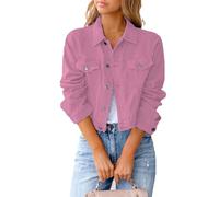 Ksikdeg Chaqueta de mezclilla ajustada para mujer, diseño ligero, manga larga, con botones, ropa exterior con bolsillos, para chaquetas de camionero, Rosa-P, XXL
