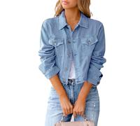 Ksikdeg Chaqueta de mezclilla ajustada para mujer, diseño ligero, manga larga, con botones, ropa exterior con bolsillos, para chaquetas de camionero, azul celeste, XXL