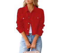 Ksikdeg Chaqueta de mezclilla ajustada para mujer, diseño ligero, manga larga, con botones, ropa exterior con bolsillos, para chaquetas de camionero, rosso, XXL