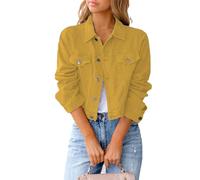 Ksikdeg Chaqueta de mezclilla ajustada para mujer, diseño ligero, manga larga, con botones, ropa exterior con bolsillos, para chaquetas de camionero, amarillo, L